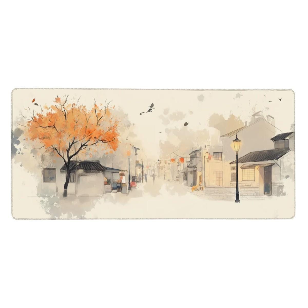 Vintage Street Desk Mat | Cozy Autumn Watercolor Art | Chinese Ink and Sketch-Style Mouse Pad
