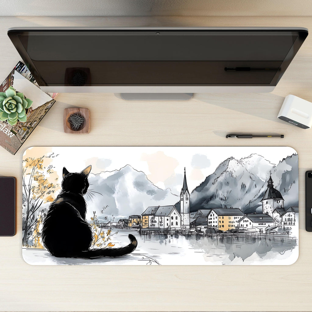 Hallstatt Ink Sketch Style Desk Mat | Tranquil European Landscape | Nostalgic Small Town Black Cat