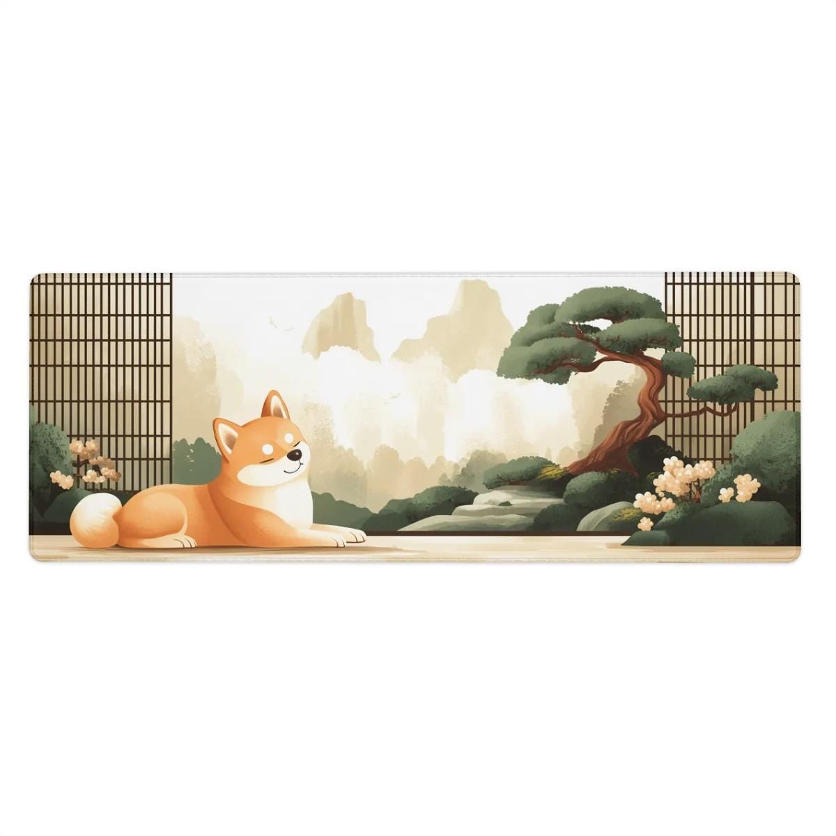 Japanese Shiba Inu Desk Mat | Large Mouse Pad for Dog Lovers | Aesthetic Gaming Mousepad, Bonsai Zen, Cherry Blossoms