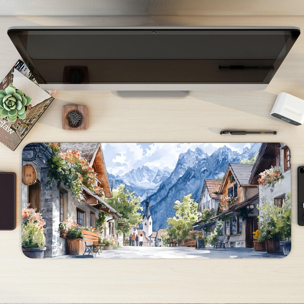 Aesthetic European Town Street Desk Mat | Watercolor Style Alpine Landscape Mouse Pad