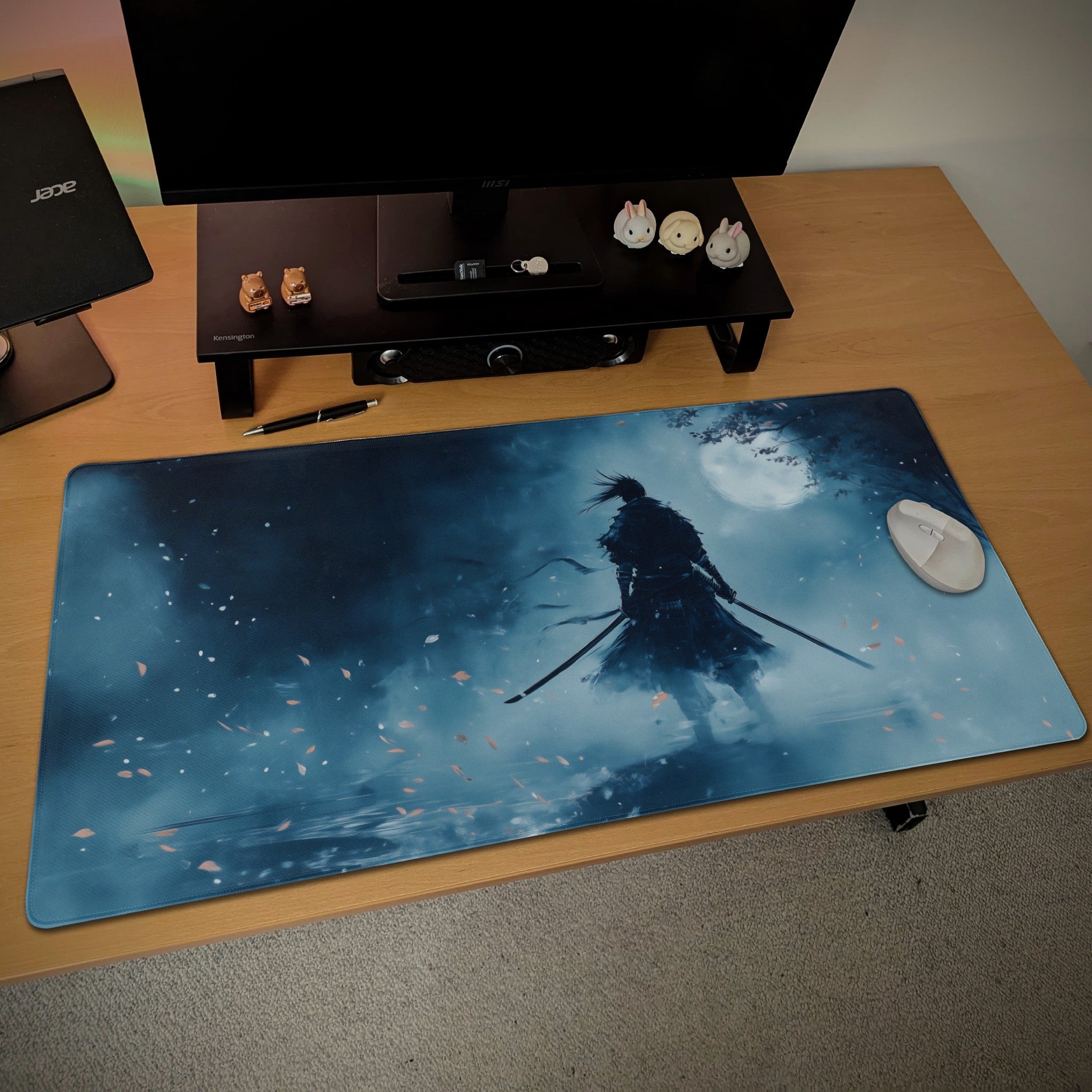 Samurai Warrior Ink Art Desk Mat | Large Anime Japanese Mouse Pad - Cinematic Blue Moonlight |