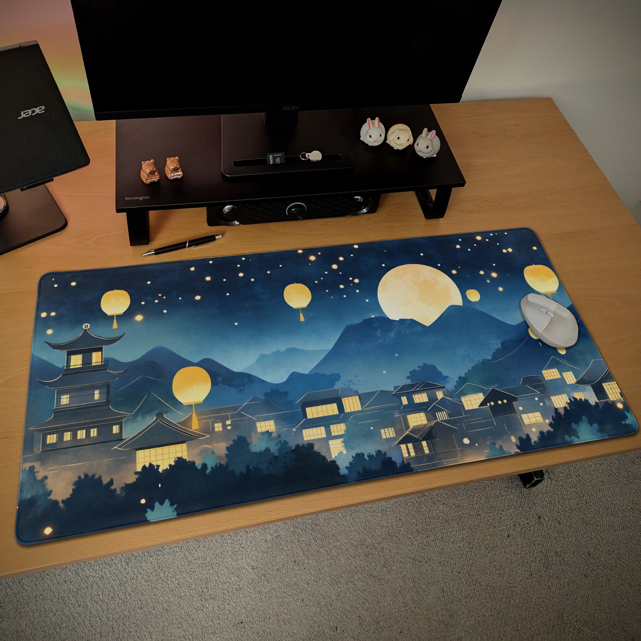 Moonlight Lantern Village Desk Mat | Dreamy Starry Night | Aesthetic Japanese Mousepad