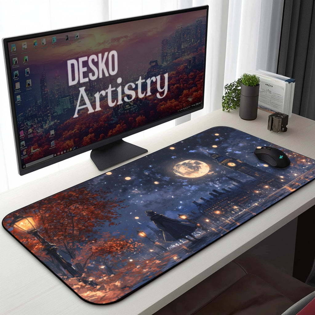 Fantasy Night London Desk Mat | Moonlight Clock Tower | Purple Artistic Cityscape Mouse Pad