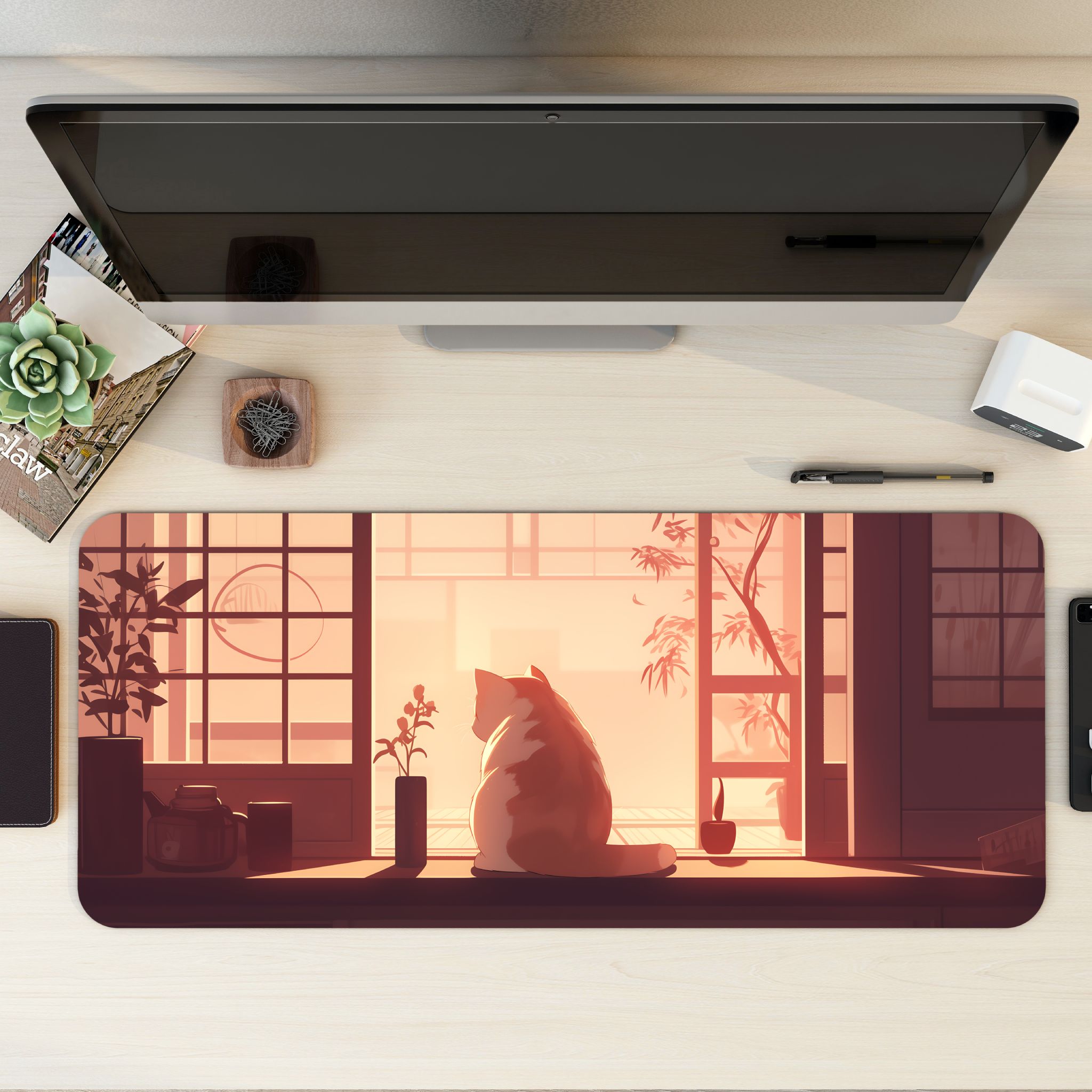Zen Cat Sunset Desk Mat | Large Minimalist Mouse Pad for Peaceful Workspace | Japanese-Inspired Office Decor