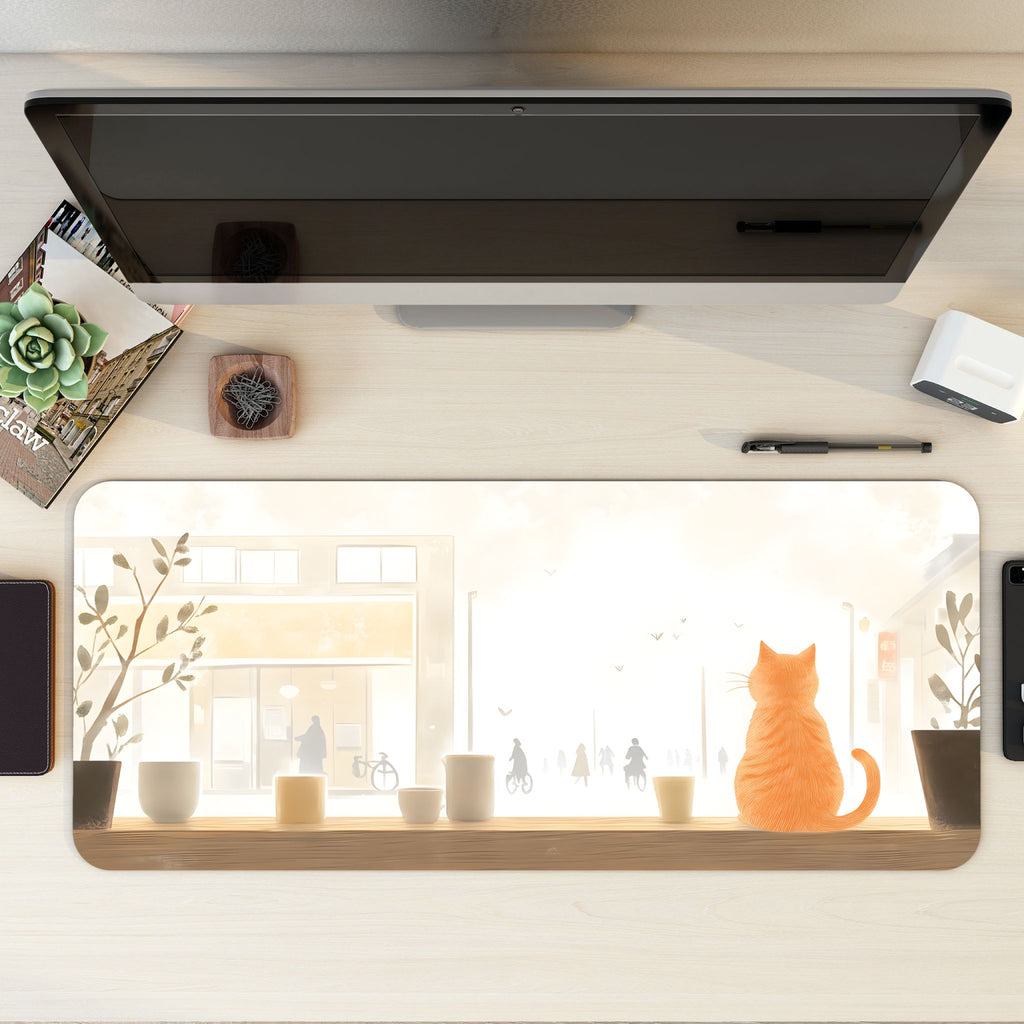 Minimalist Ginger Cat Desk Mat | Japanese Lofi Cafe Mouse Pad