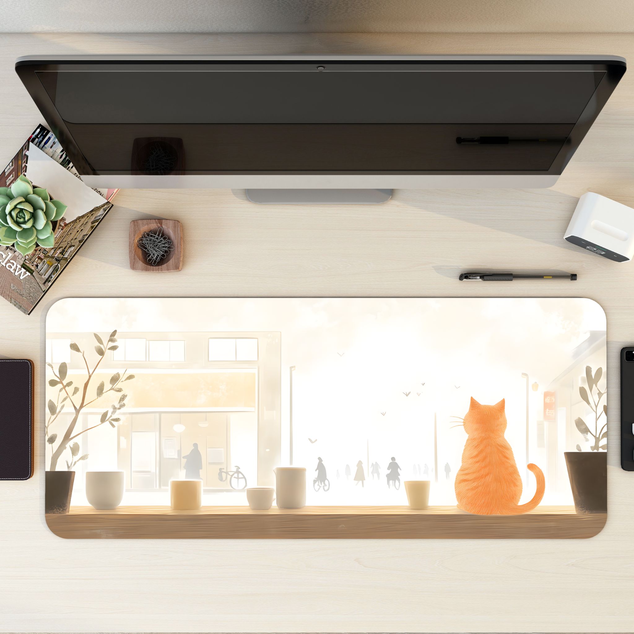 Minimalist Ginger Cat Desk Mat | Japanese Lofi Cafe Mouse Pad