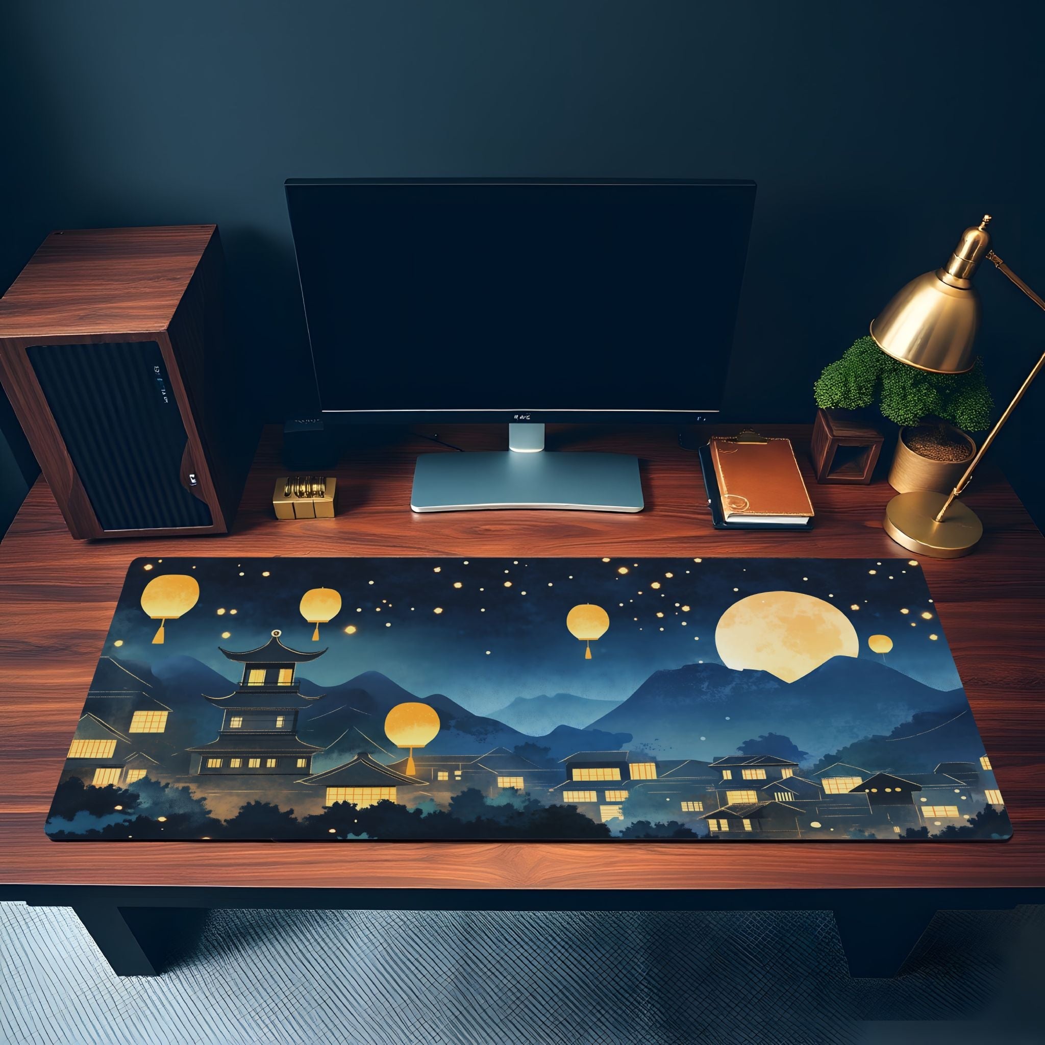 Moonlight Lantern Village Desk Mat | Dreamy Starry Night | Aesthetic Japanese Mousepad