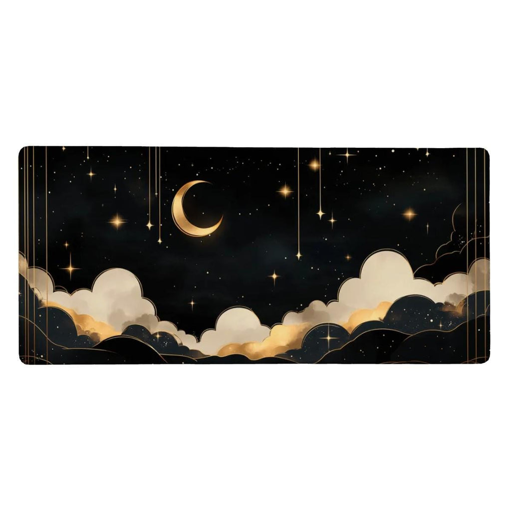 Dreamy Starry Night Desk Mat | Mystical Celestial Decor | Aesthetic Black and Gold Mouse Pad