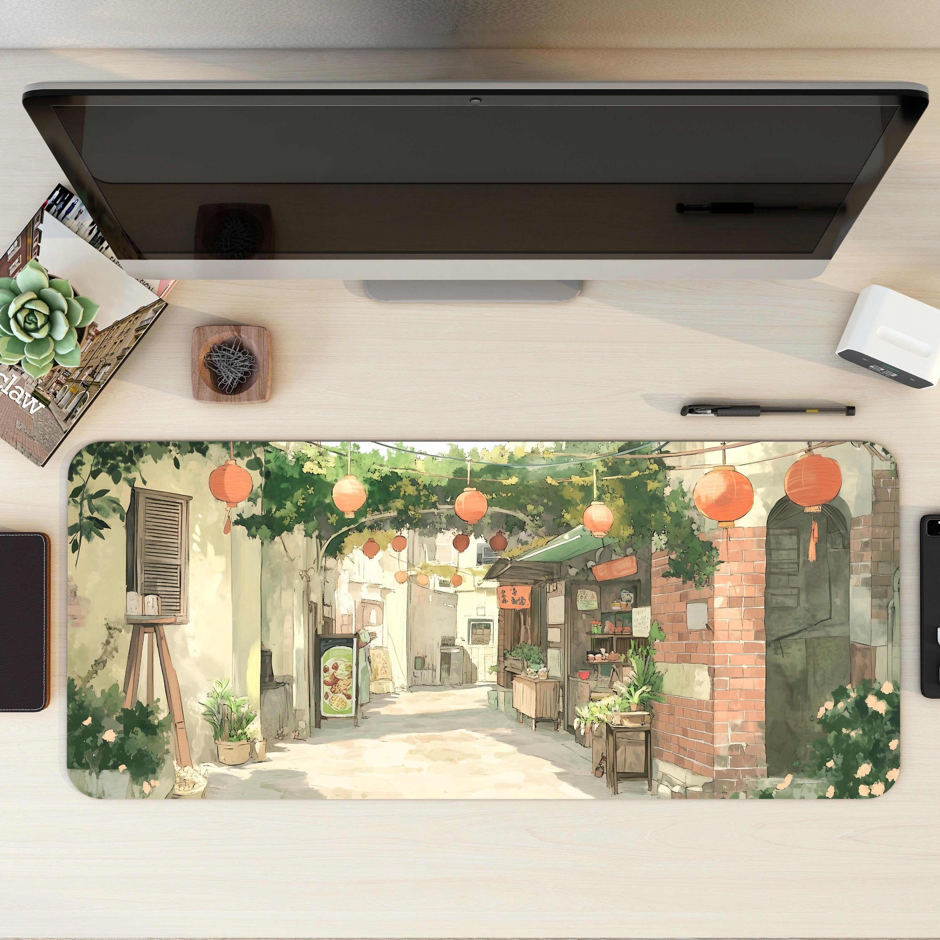 Nostalgic Vintage Asian Street Desk Mat | East Asian Inspired Decor, Street Laneway Sketchbook Mouse Pad