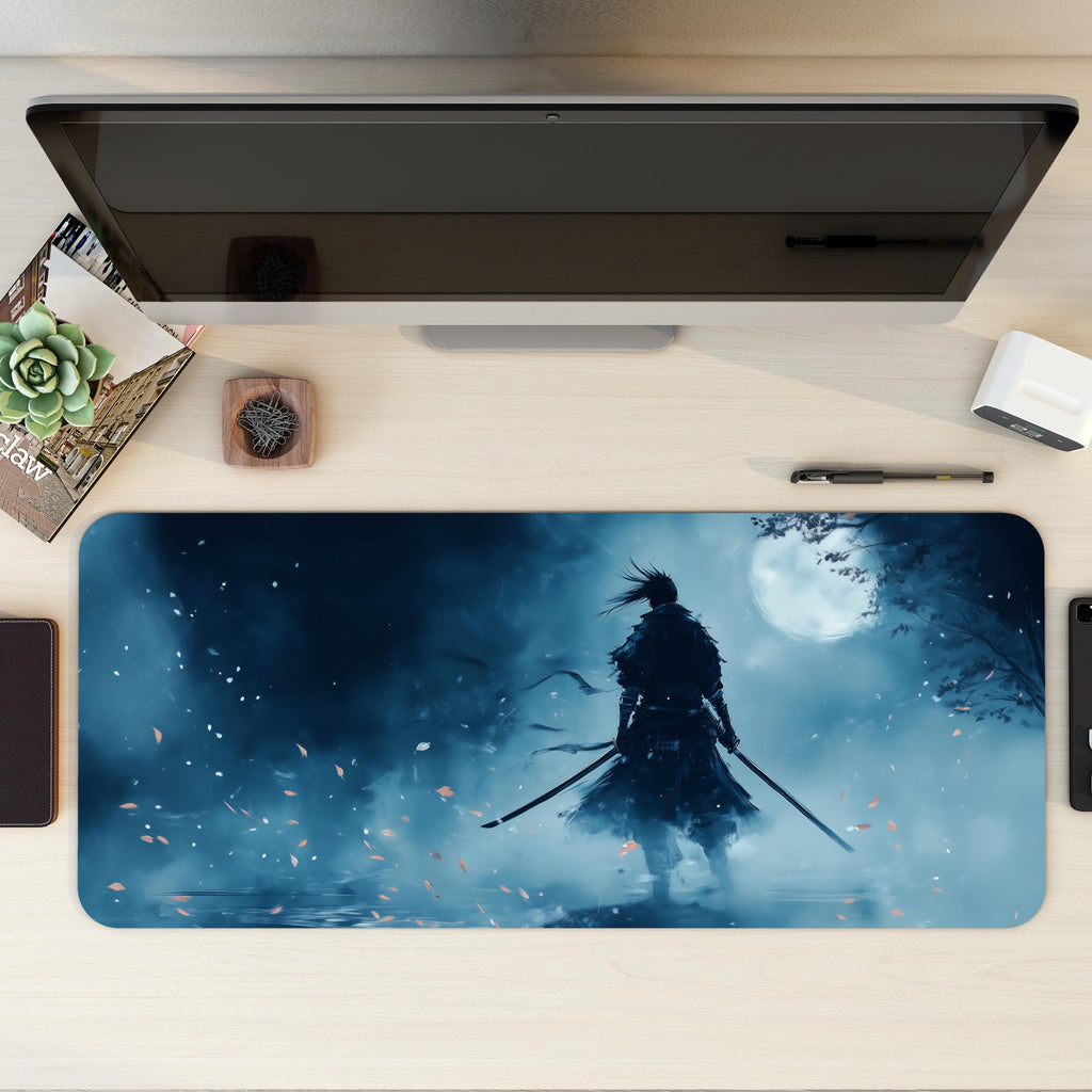 Samurai Warrior Ink Art Desk Mat | Large Anime Japanese Mouse Pad - Cinematic Blue Moonlight |