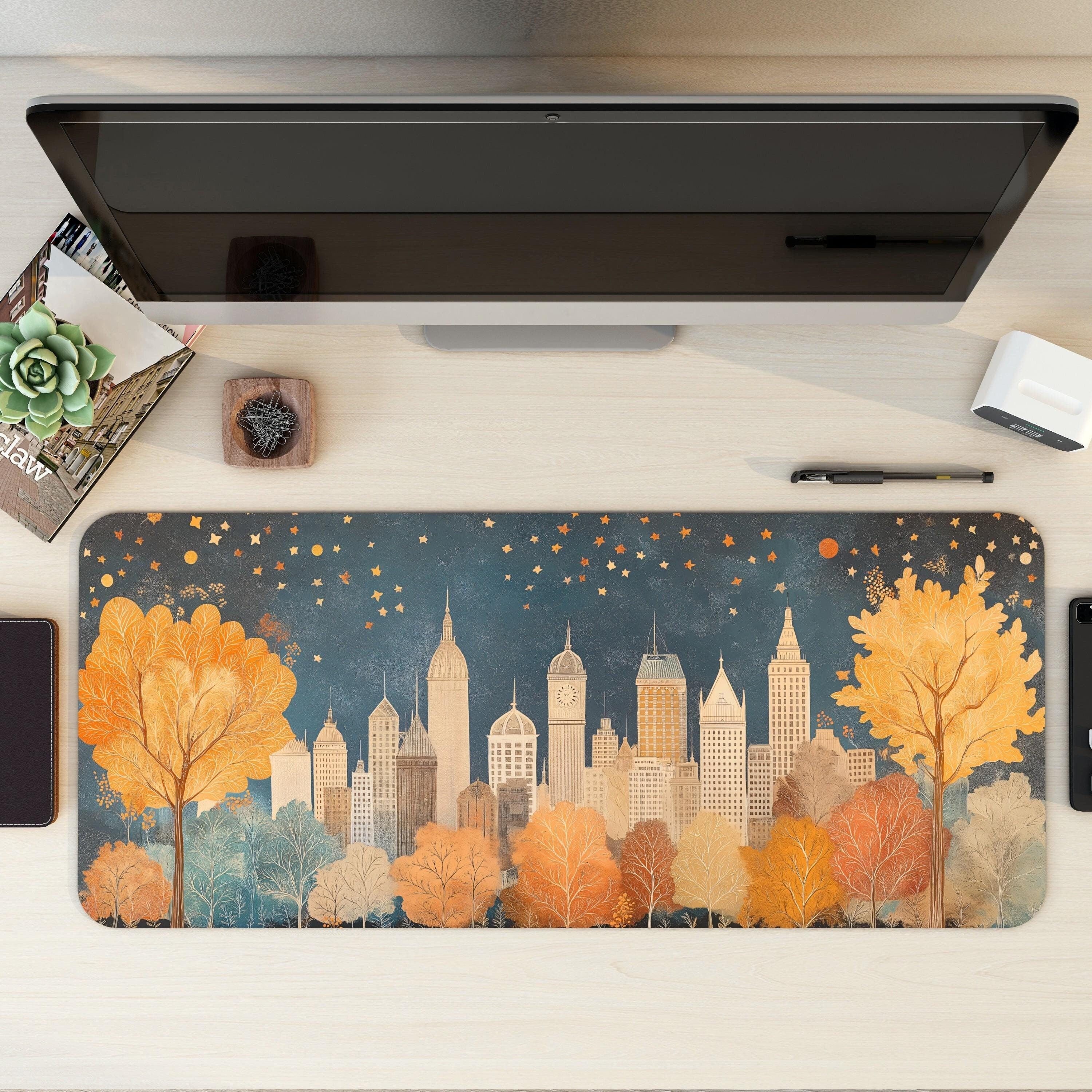 Starry Cityscape Illustration Desk Mat | Cozy Vintage Art, Children's Storybook Mouse Pad