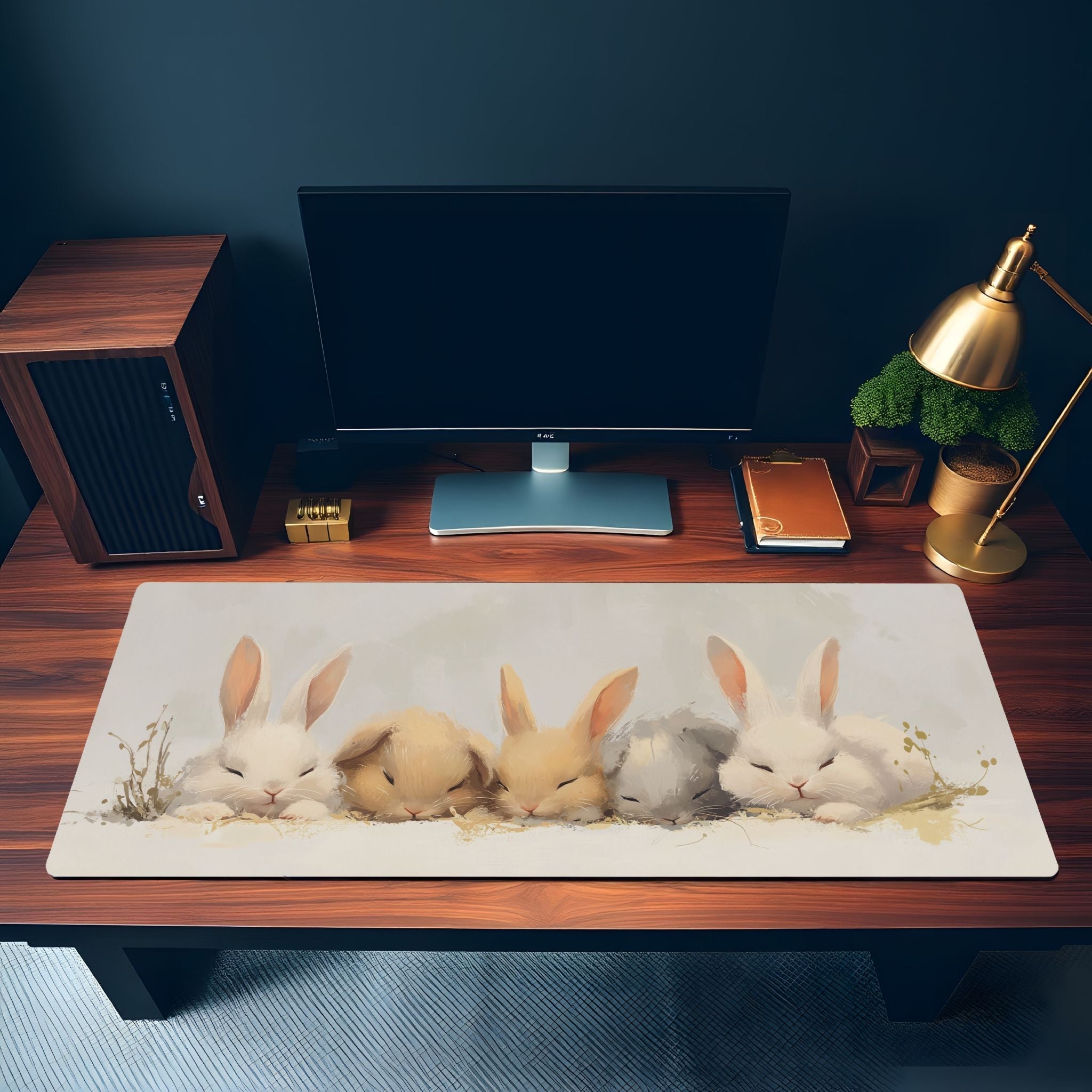 Cozy Bunny Desk Mat – Large Mouse Pad with Sleeping Rabbits, Cute Pastel Aesthetic for Kawaii, Anime & Cottagecore Decor