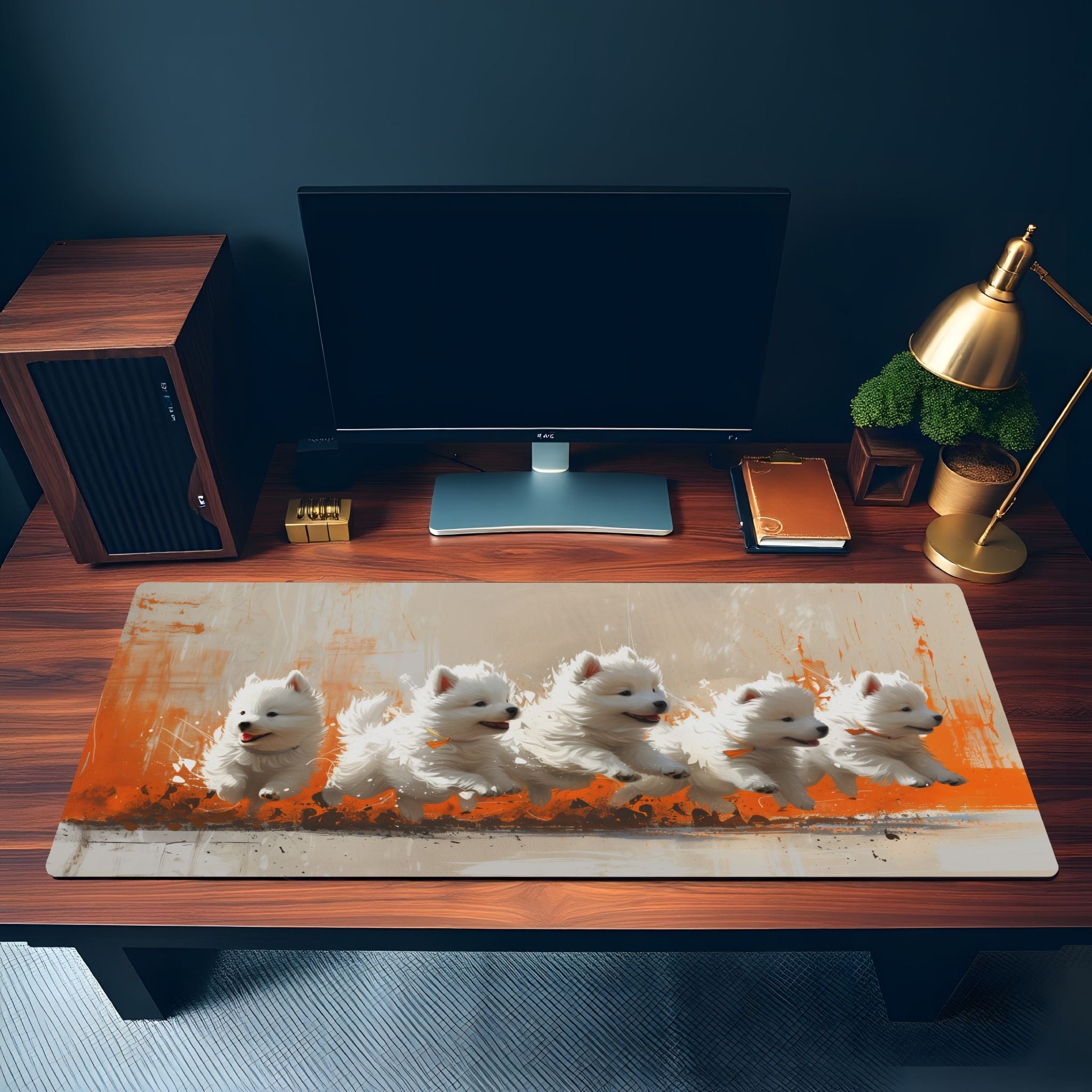 Puppies Painting Desk Mat | Samoyed Dogs - Colorful Orange Paintbrush Strokes, Creative Cute Mouse Pad