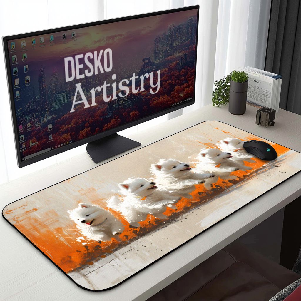 Puppies Painting Desk Mat | Samoyed Dogs - Colorful Orange Paintbrush Strokes, Creative Cute Mouse Pad