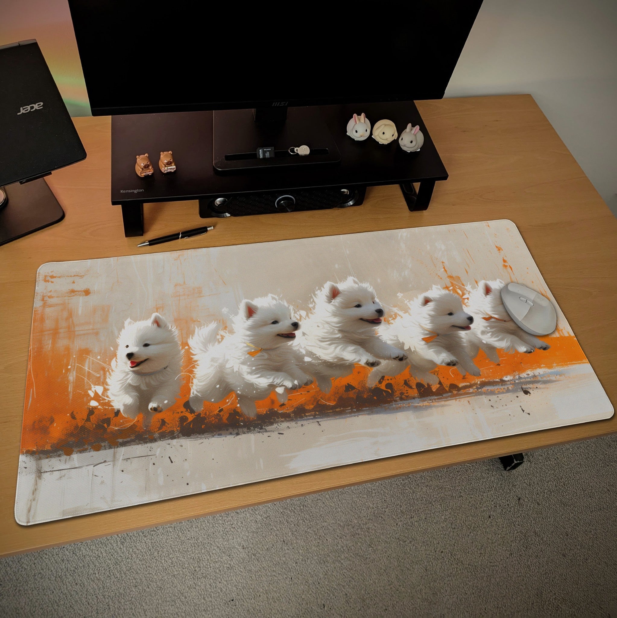 Puppies Painting Desk Mat | Samoyed Dogs - Colorful Orange Paintbrush Strokes, Creative Cute Mouse Pad