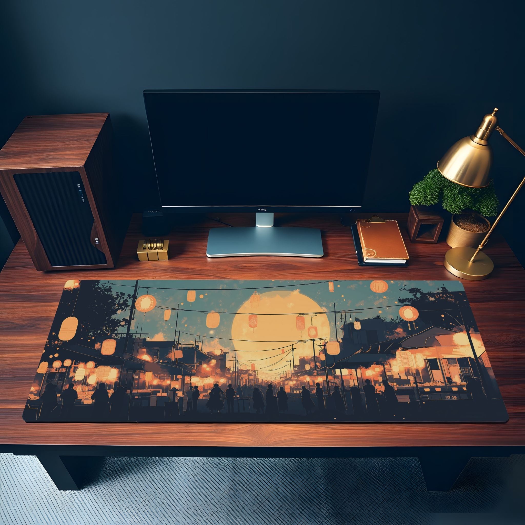 Japanese Festival Desk Mat | Full Moon & Lanterns | Cozy Blue and Gold Mouse Pad