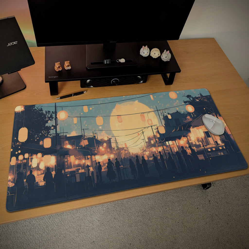 Japanese Festival Desk Mat | Full Moon & Lanterns | Cozy Blue and Gold Mouse Pad