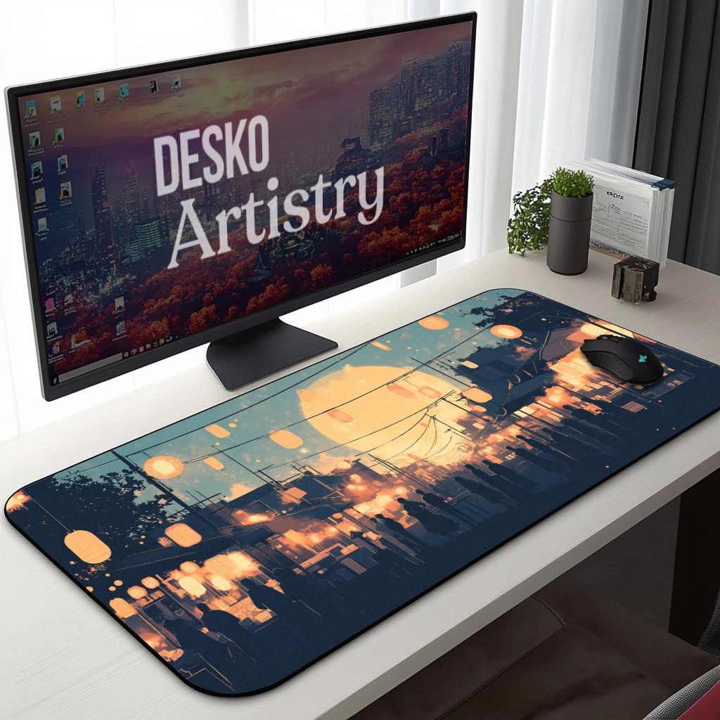 Japanese Festival Desk Mat | Full Moon & Lanterns | Cozy Blue and Gold Mouse Pad