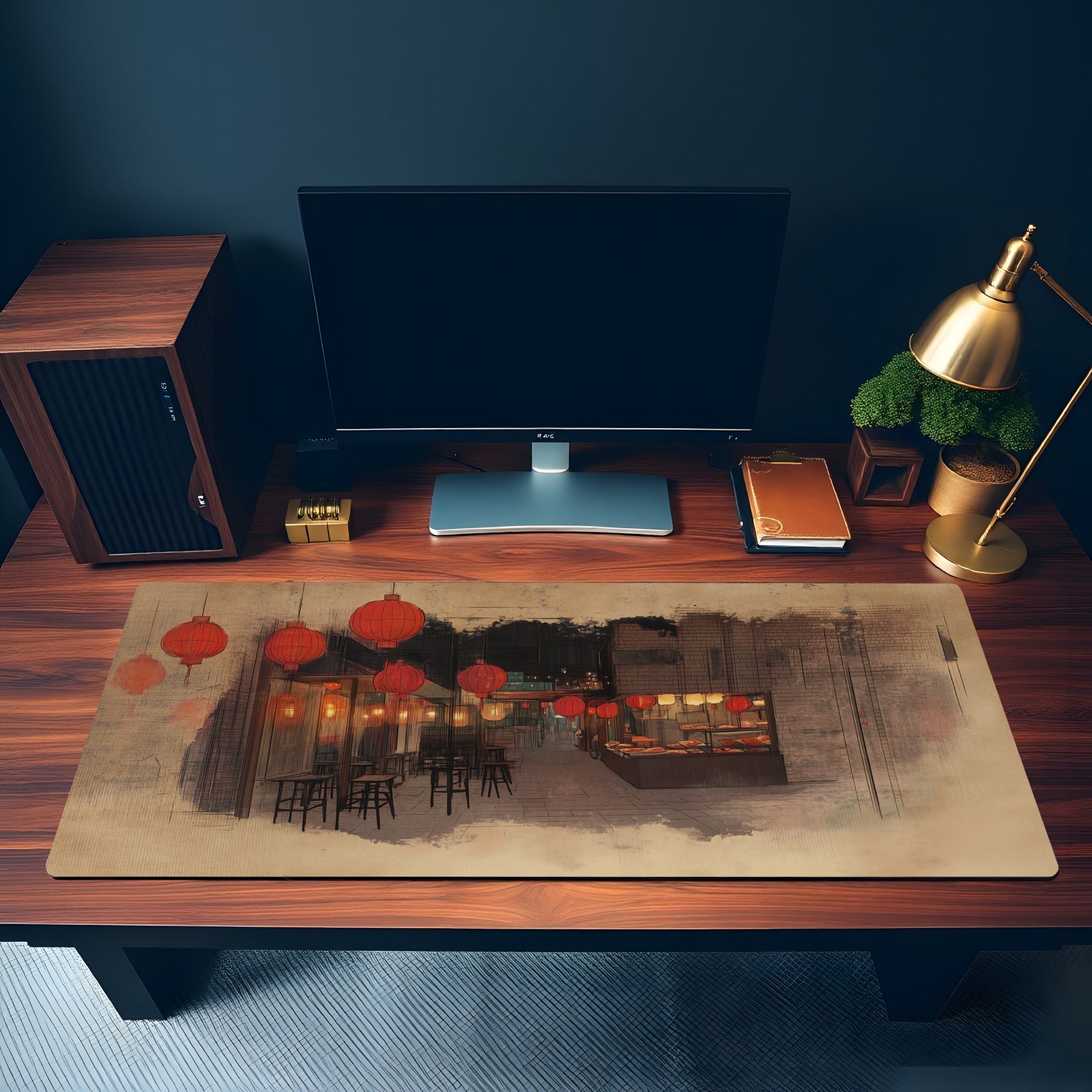 Traditional Asian Market Desk Mat | Line Art Sketchbook Mouse Pad | Cultural and Nostalgic Vibe, Vintage Watercolor palette