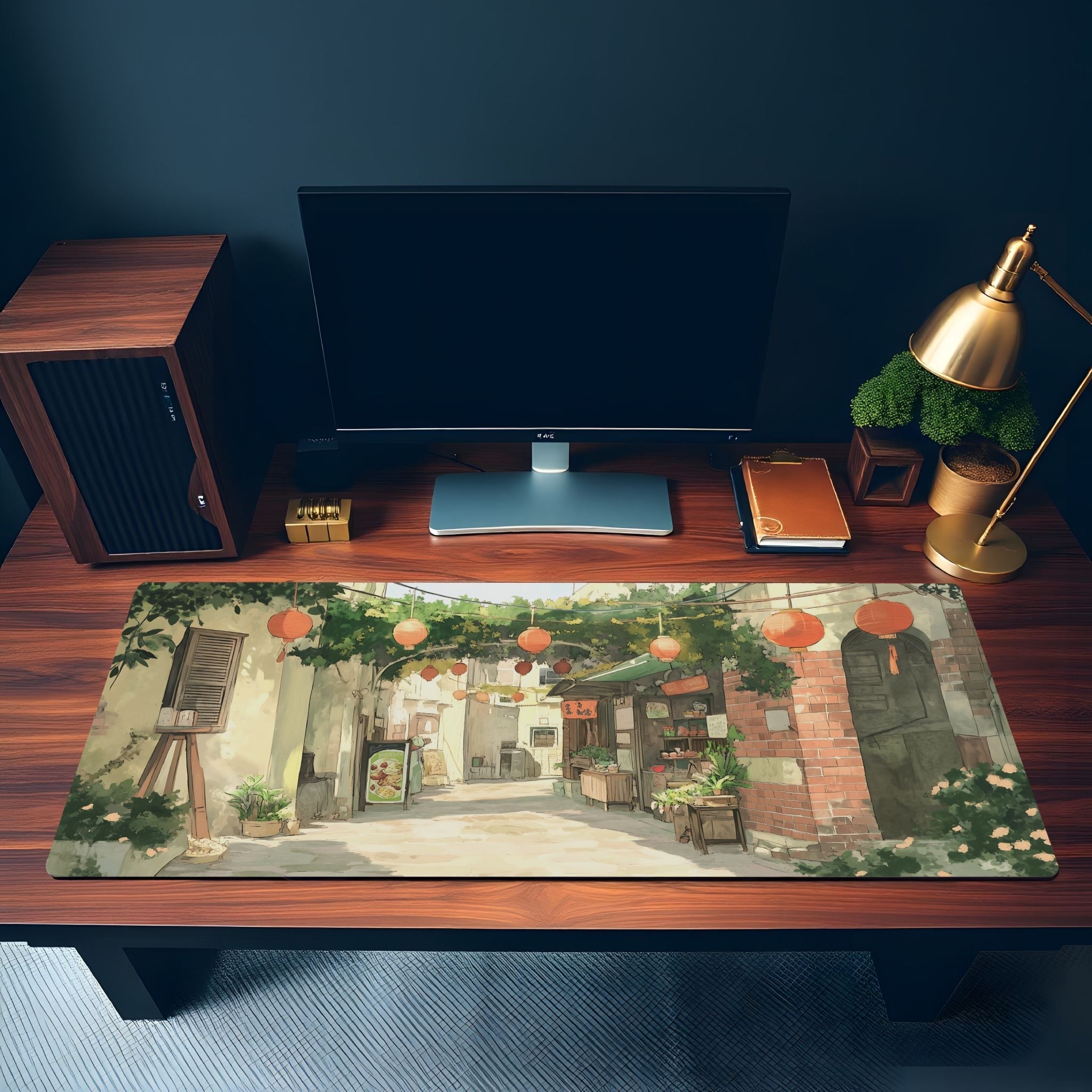 Nostalgic Vintage Asian Street Desk Mat | East Asian Inspired Decor, Street Laneway Sketchbook Mouse Pad
