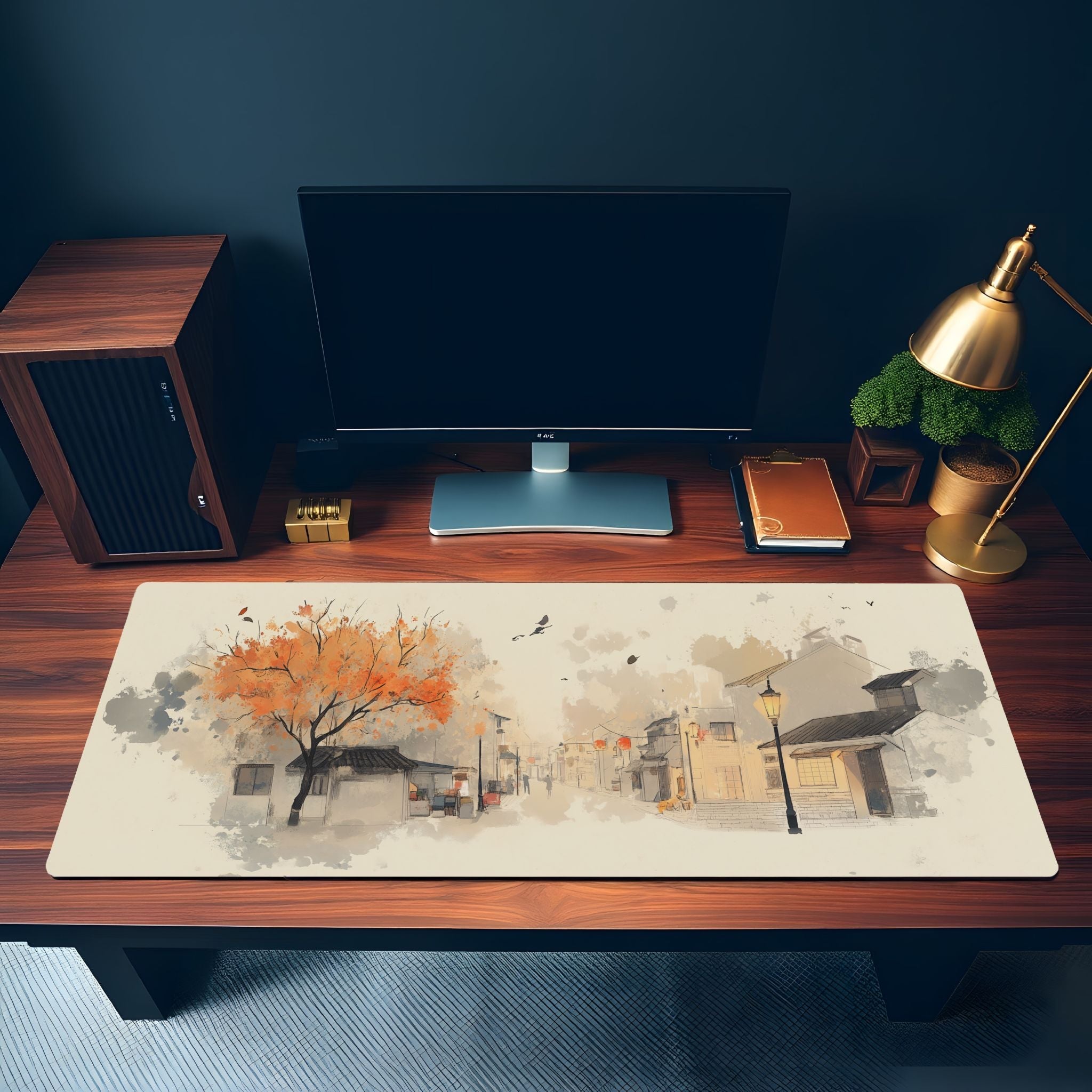 Vintage Street Desk Mat | Cozy Autumn Watercolor Art | Chinese Ink and Sketch-Style Mouse Pad