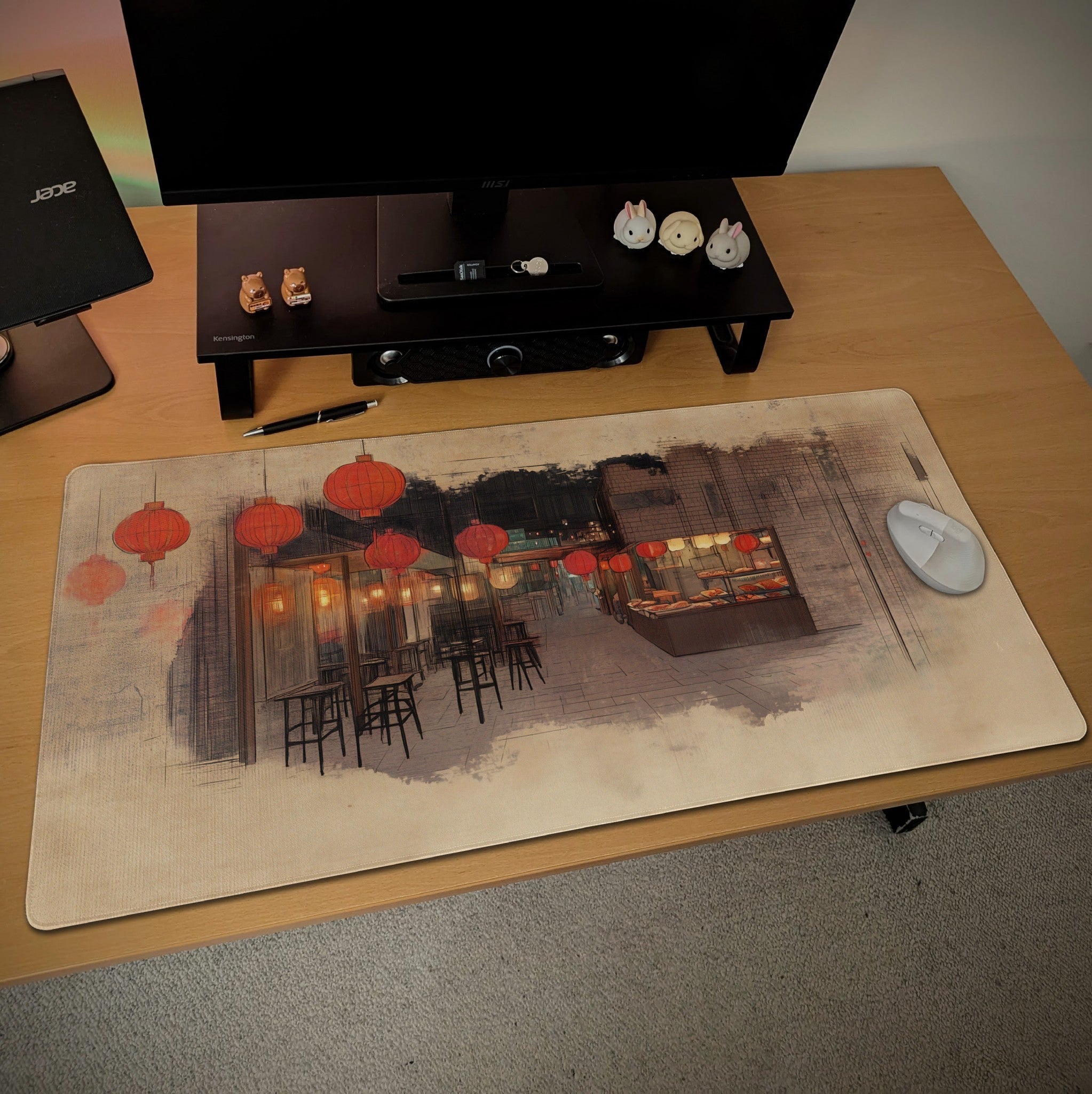 Traditional Asian Market Desk Mat | Line Art Sketchbook Mouse Pad | Cultural and Nostalgic Vibe, Vintage Watercolor palette