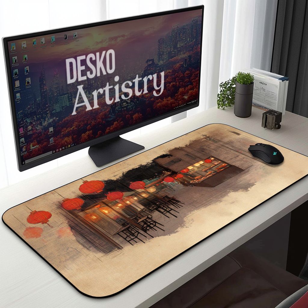 Traditional Asian Market Desk Mat | Line Art Sketchbook Mouse Pad | Cultural and Nostalgic Vibe, Vintage Watercolor palette