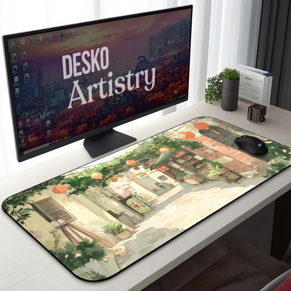 Nostalgic Vintage Asian Street Desk Mat | East Asian Inspired Decor, Street Laneway Sketchbook Mouse Pad