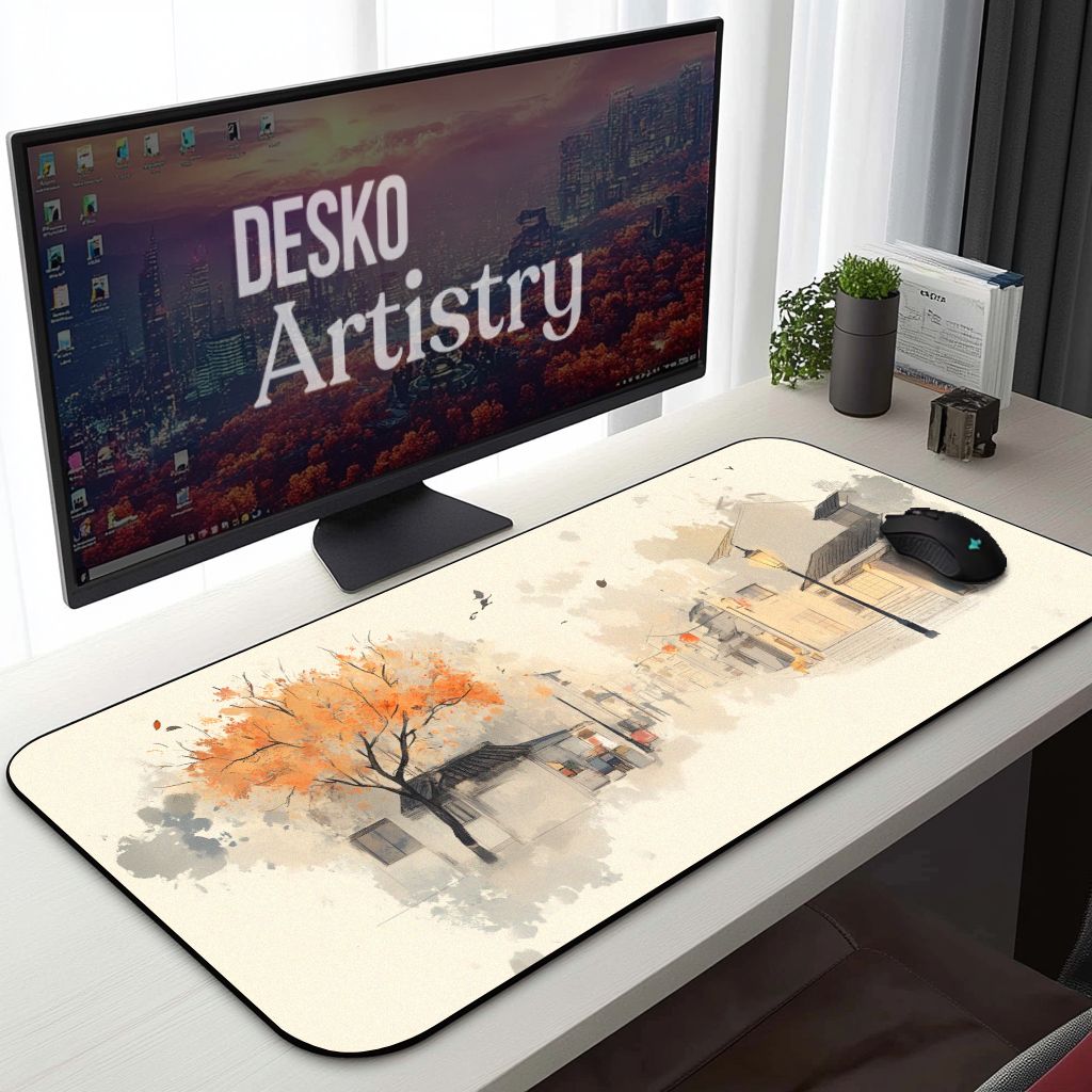Vintage Street Desk Mat | Cozy Autumn Watercolor Art | Chinese Ink and Sketch-Style Mouse Pad