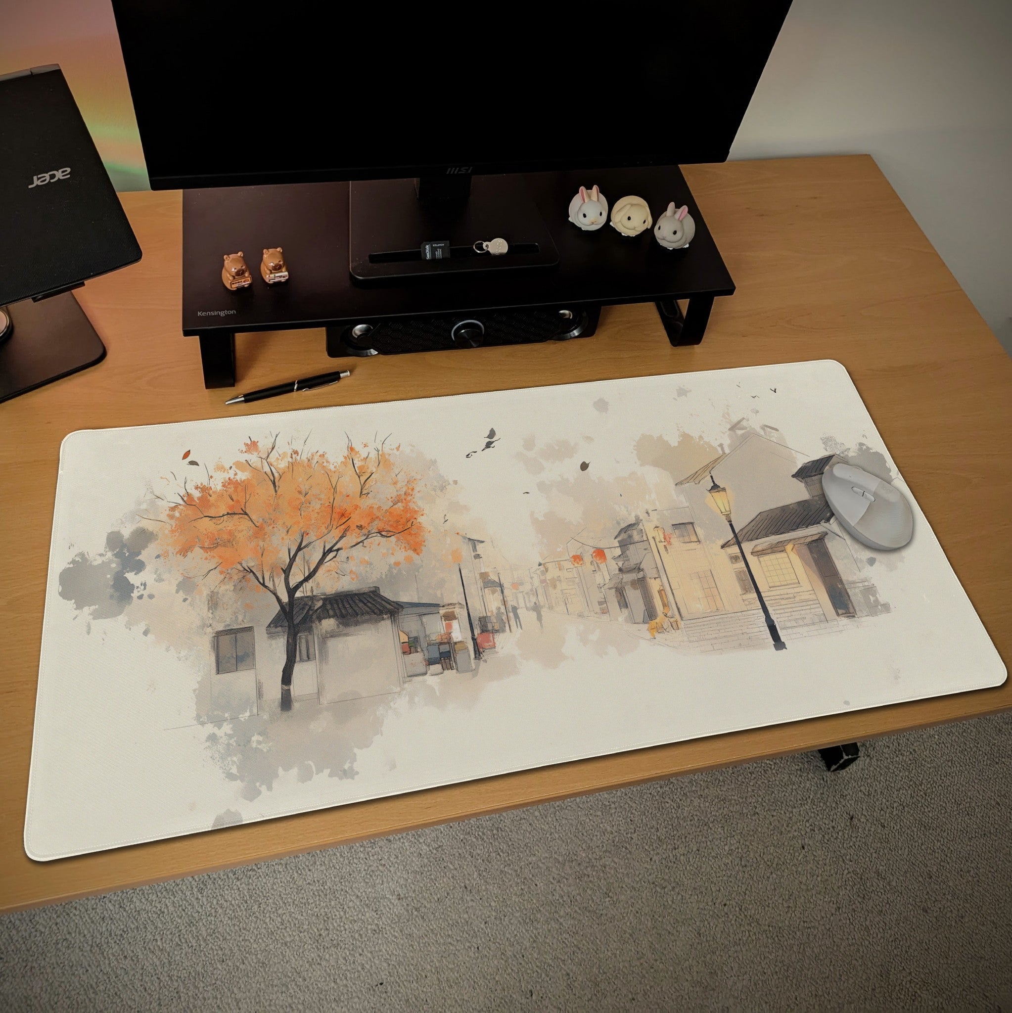 Vintage Street Desk Mat | Cozy Autumn Watercolor Art | Chinese Ink and Sketch-Style Mouse Pad