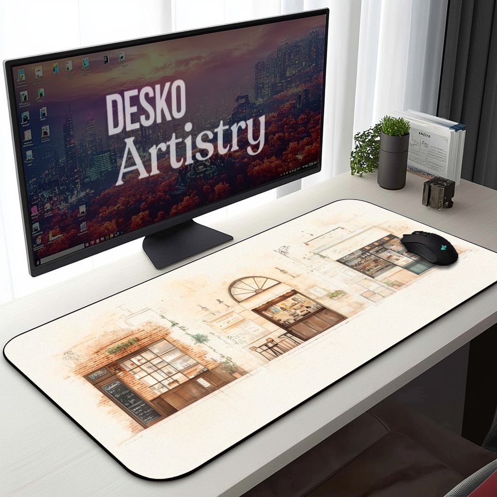 European Cafe Desk Mat | Artistic Sketchbook Style | Elegant Minimalist Art Mouse Pad