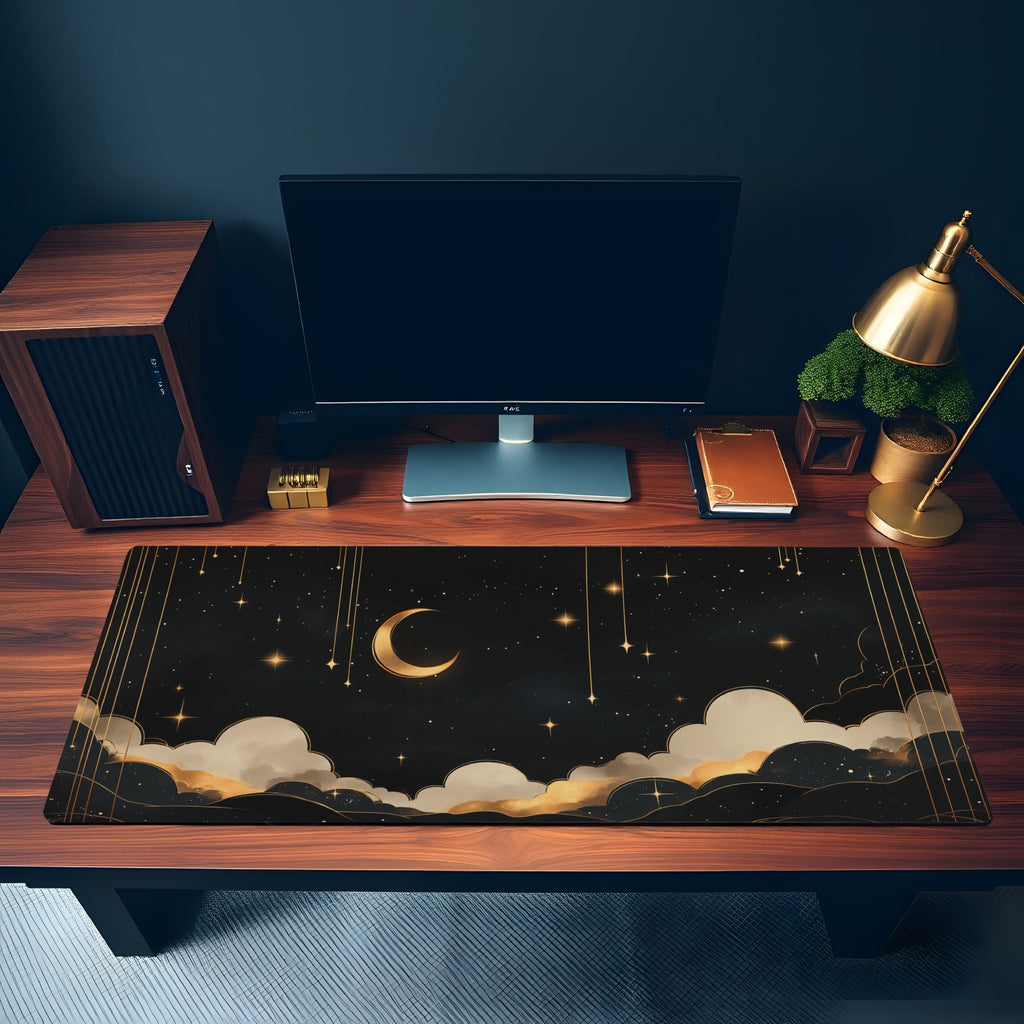 Dreamy Starry Night Desk Mat | Mystical Celestial Decor | Aesthetic Black and Gold Mouse Pad
