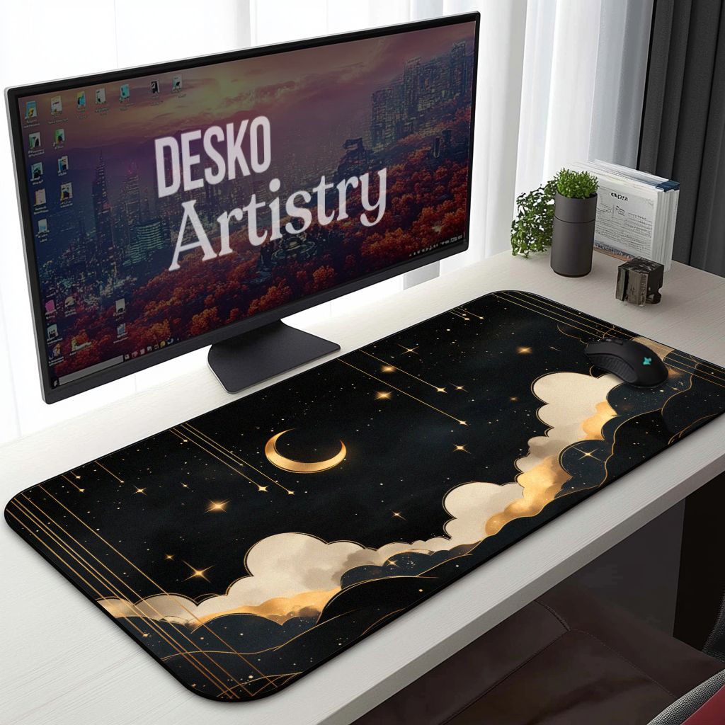 Dreamy Starry Night Desk Mat | Mystical Celestial Decor | Aesthetic Black and Gold Mouse Pad