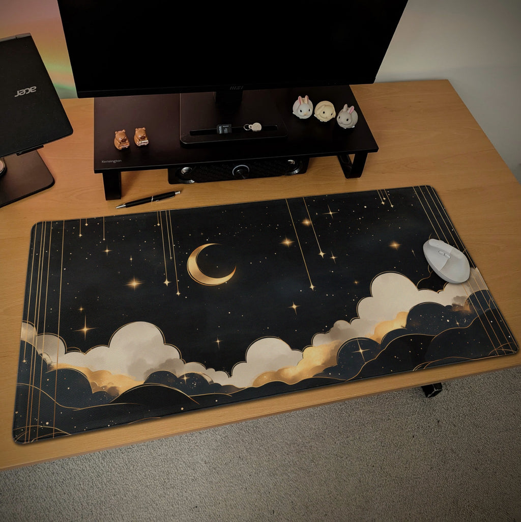 Dreamy Starry Night Desk Mat | Mystical Celestial Decor | Aesthetic Black and Gold Mouse Pad