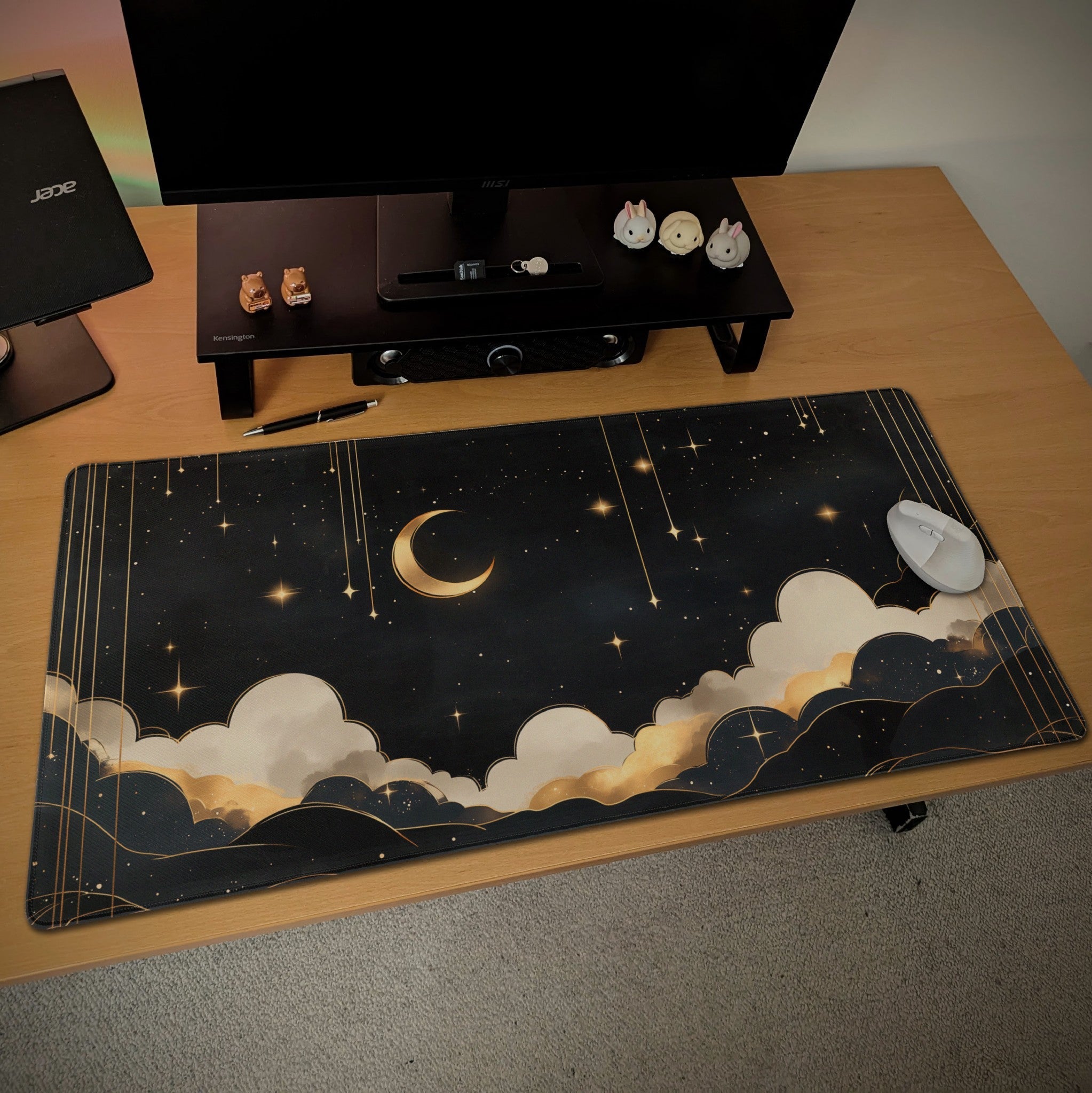 Dreamy Starry Night Desk Mat | Mystical Celestial Decor | Aesthetic Black and Gold Mouse Pad