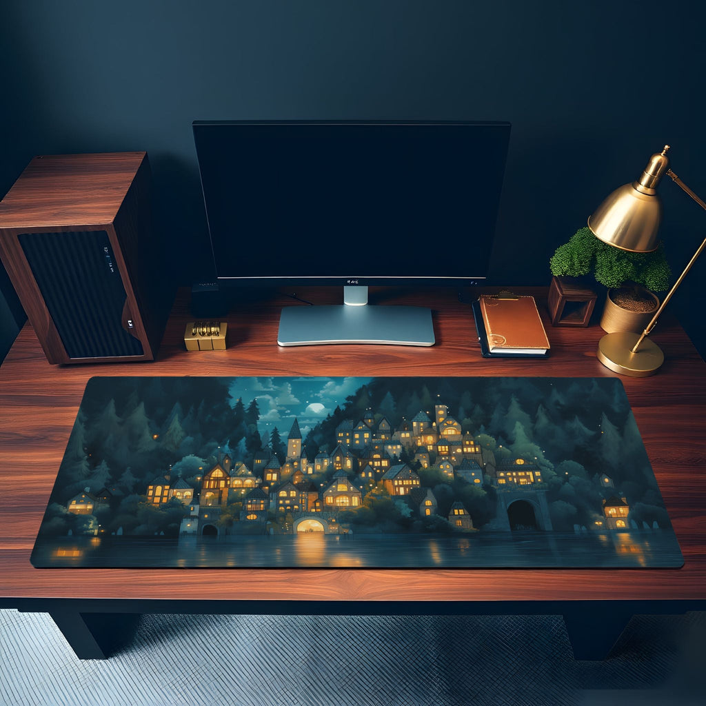 Enchanted Forest Village Desk Mat | Cozy Medieval Night | Blue Fantasy Moonlight Mouse Pad