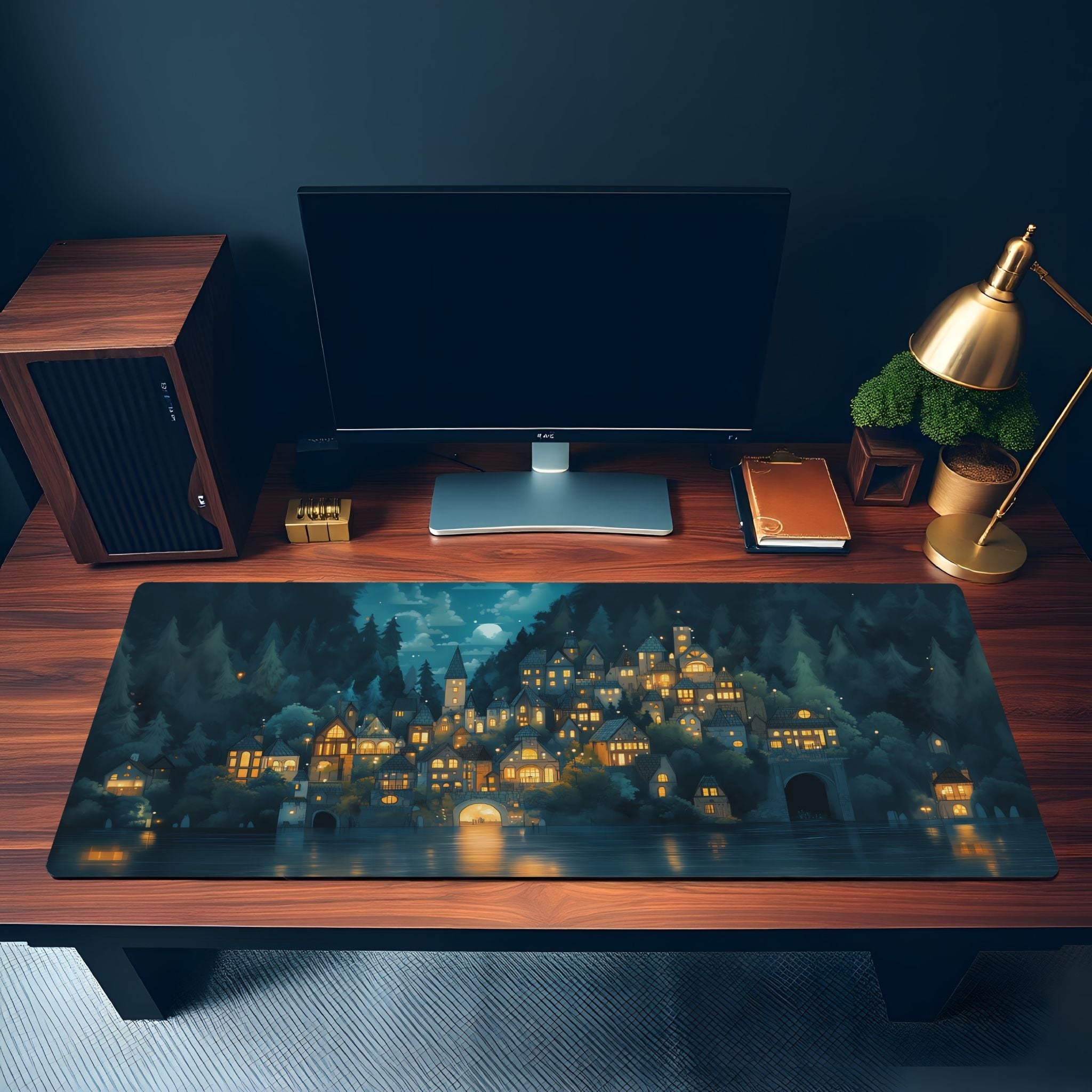 Enchanted Forest Village Desk Mat | Cozy Medieval Night | Blue Fantasy Moonlight Mouse Pad
