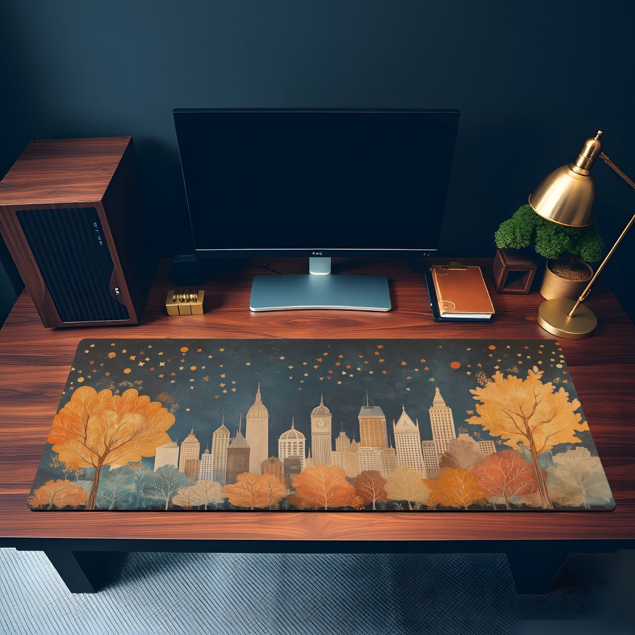 Starry Cityscape Illustration Desk Mat | Cozy Vintage Art, Children's Storybook Mouse Pad