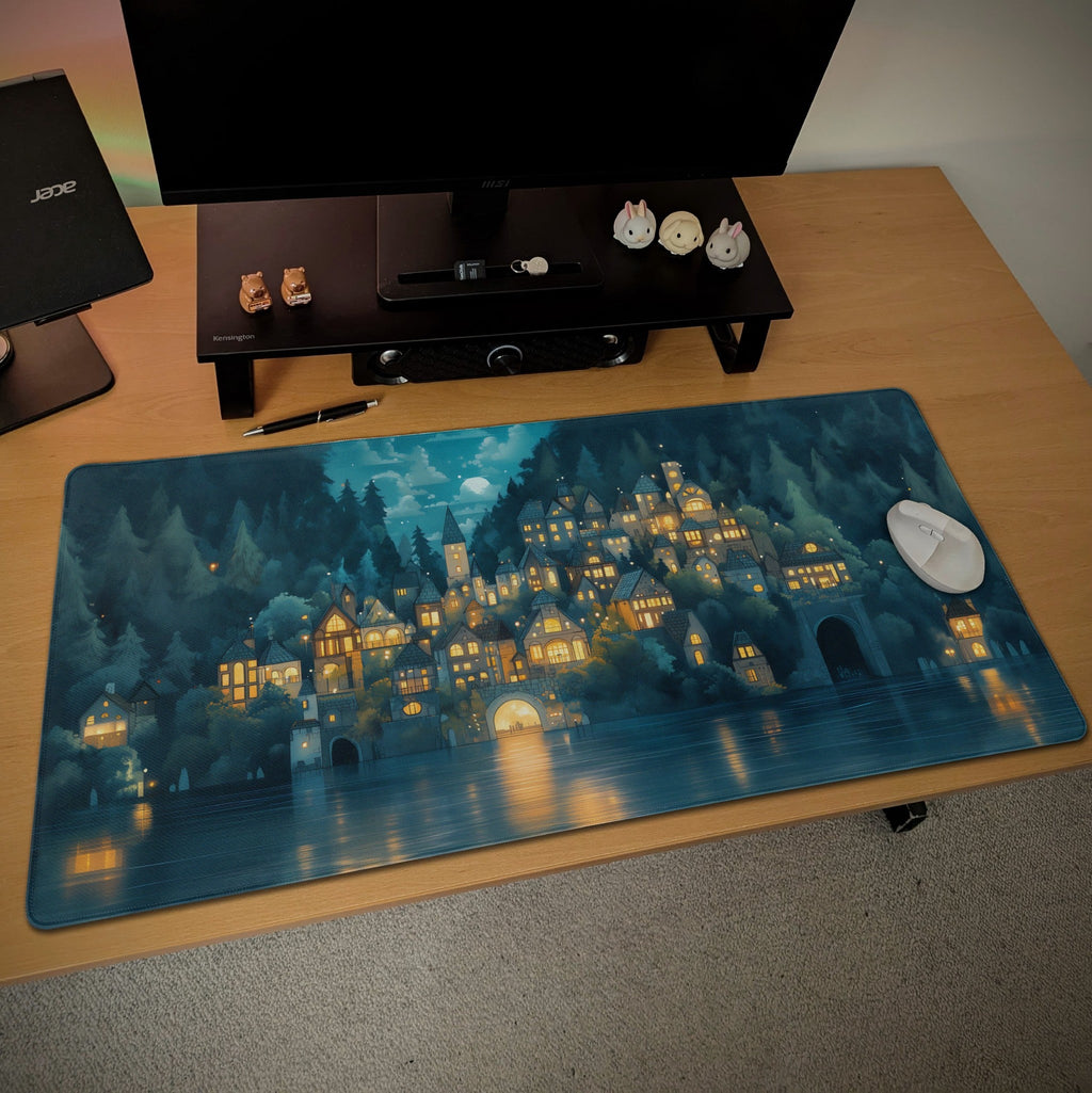 Enchanted Forest Village Desk Mat | Cozy Medieval Night | Blue Fantasy Moonlight Mouse Pad