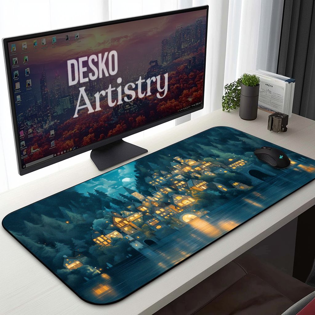 Enchanted Forest Village Desk Mat | Cozy Medieval Night | Blue Fantasy Moonlight Mouse Pad