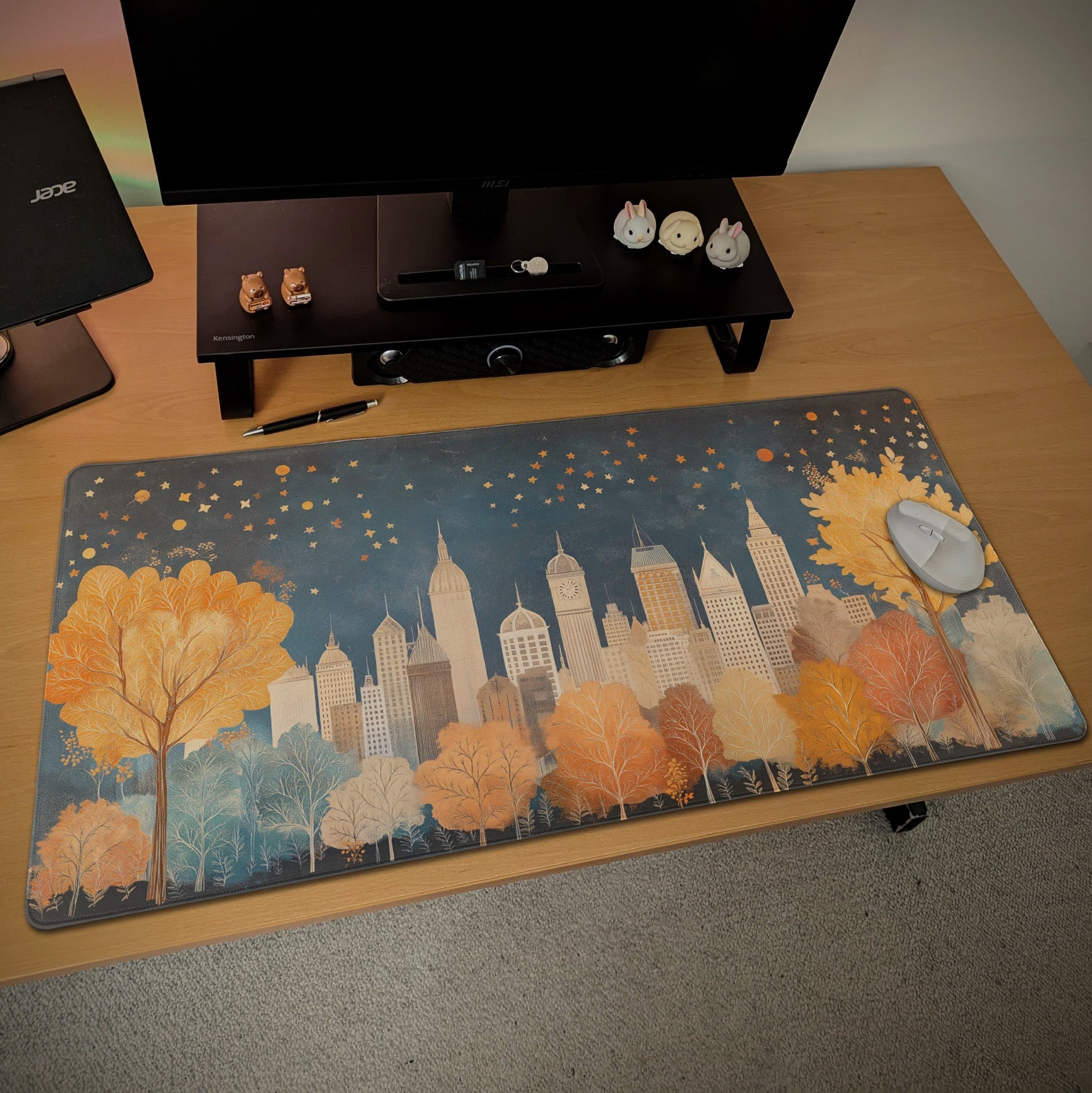 Starry Cityscape Illustration Desk Mat | Cozy Vintage Art, Children's Storybook Mouse Pad