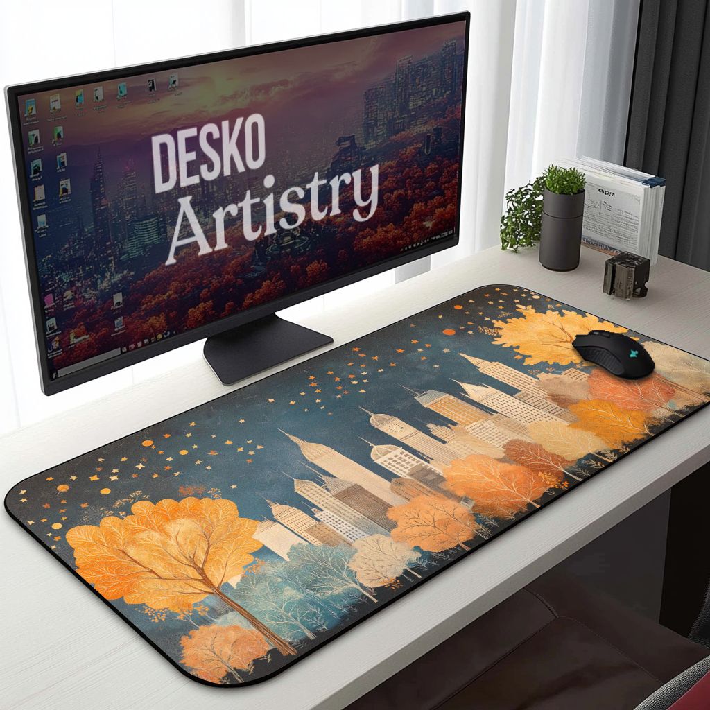 Starry Cityscape Illustration Desk Mat | Cozy Vintage Art, Children's Storybook Mouse Pad