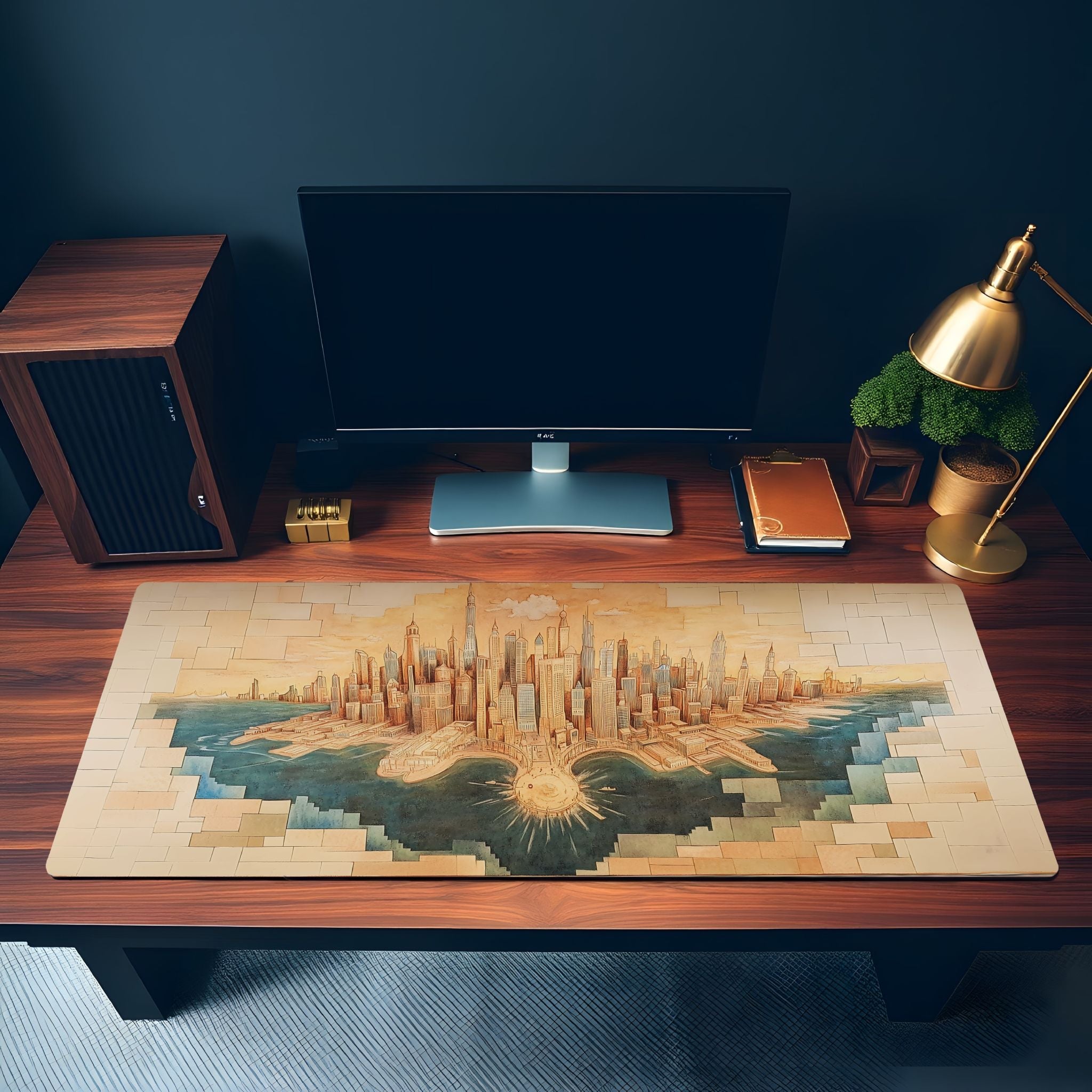 Retro Cityscape Skyline Desk Mat | Illustrative Urban Fantasy Mouse Pad