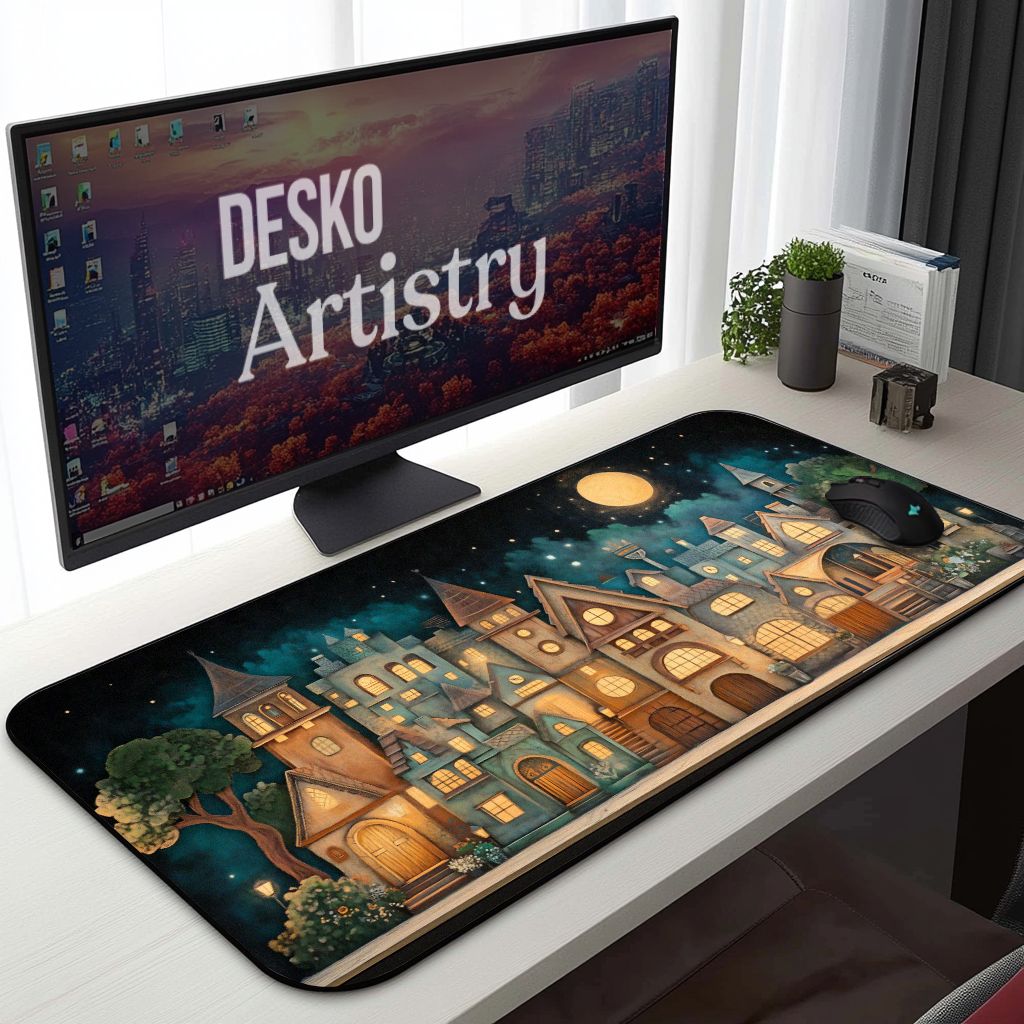 Storybook Fantasy Village Desk Mat | Whimsical Enchanted | Medieval Magic Themed Mouse Pad