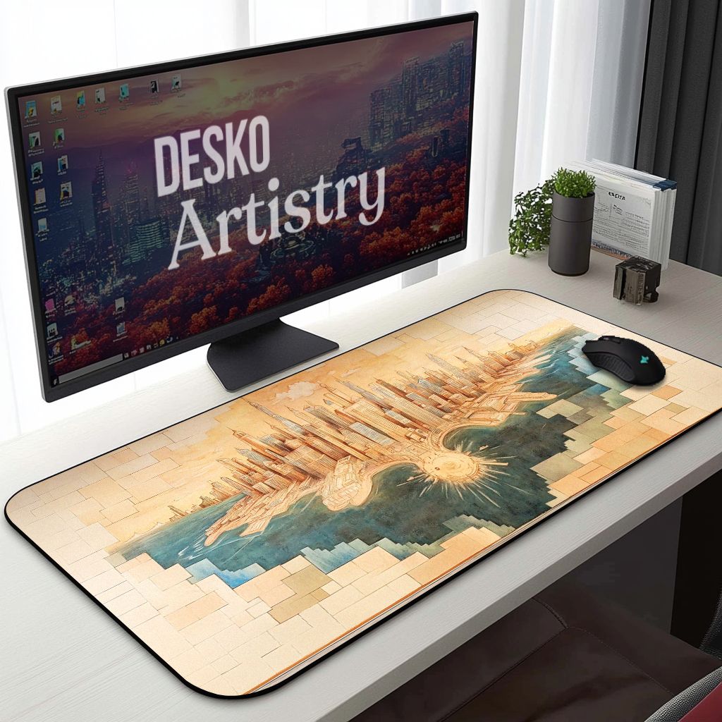 Retro Cityscape Skyline Desk Mat | Illustrative Urban Fantasy Mouse Pad