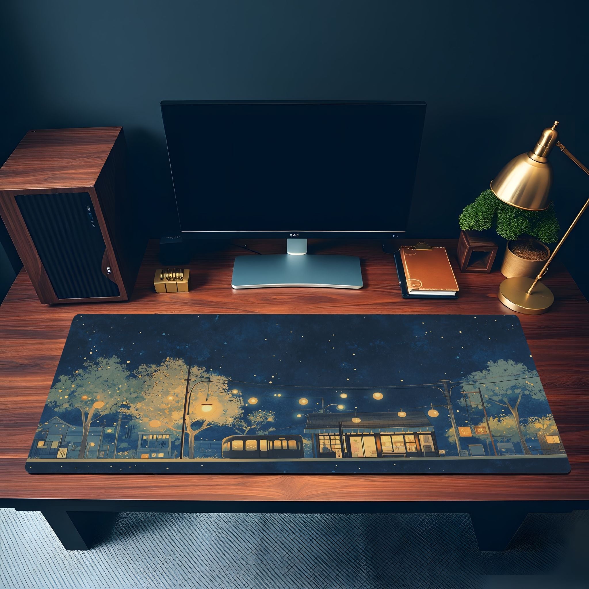 Japanese Dreamy Night Desk Mat | Peaceful Village Light Mouse Pad |