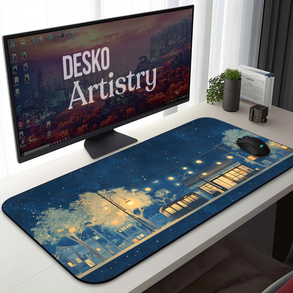 Japanese Dreamy Night Desk Mat | Peaceful Village Light Mouse Pad |