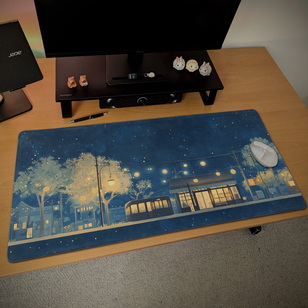 Japanese Dreamy Night Desk Mat | Peaceful Village Light Mouse Pad |