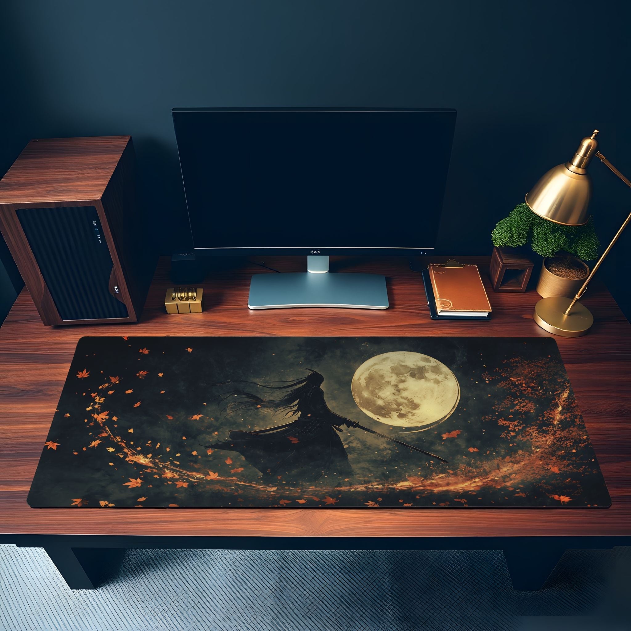 Dark Samurai Desk Mat | Japanese Warrior | Fantasy Moonlight Art Mouse Pad
