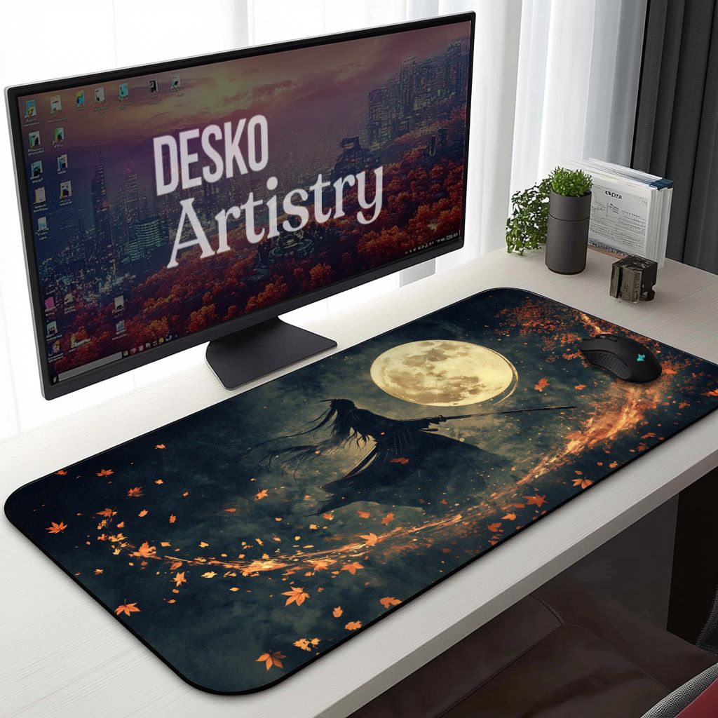 Dark Samurai Desk Mat | Japanese Warrior | Fantasy Moonlight Art Mouse Pad